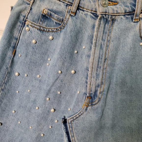 ZARA XS NWOT Blue Denim Pearl Embellished Jean Skirt Premium Denim Collection - Picture 5 of 6
